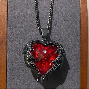 Heart Angel Wing Red Crystal Heart Necklace & Earrings Set Gun Metal Valentine